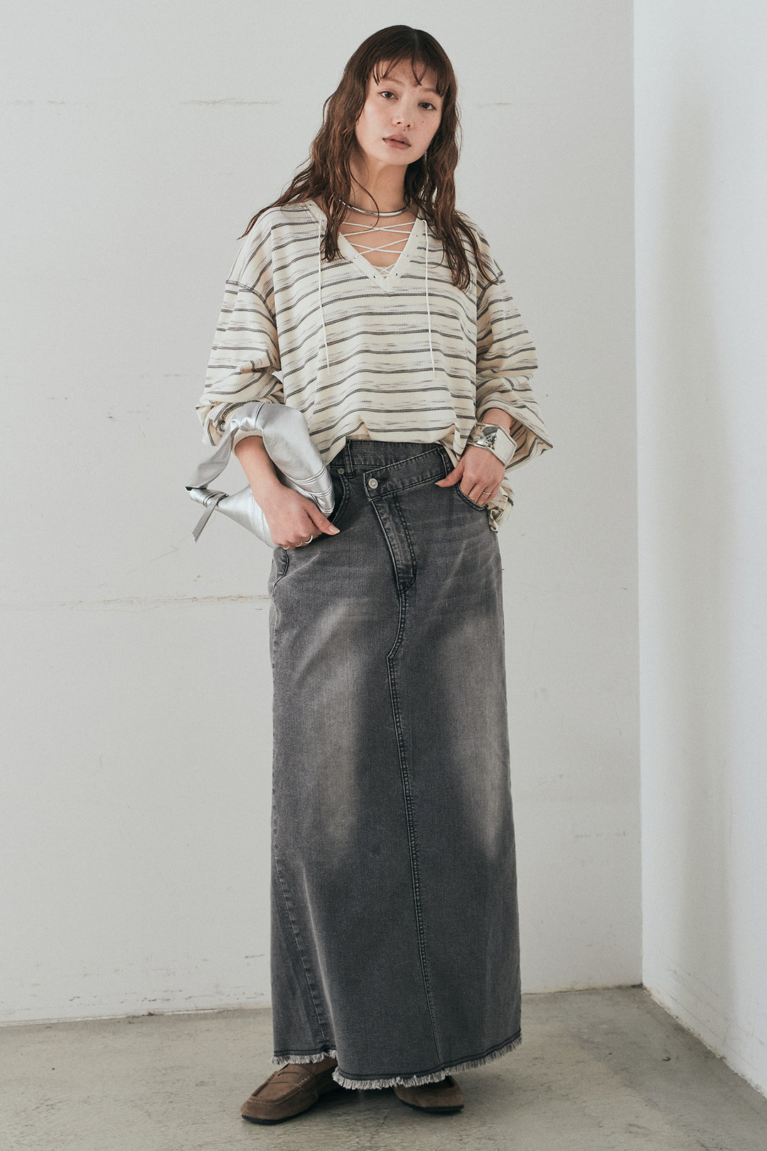 [SET]レースアップワッフルボーダートップス+ウエストクロスデニムタイトスカート(2set)