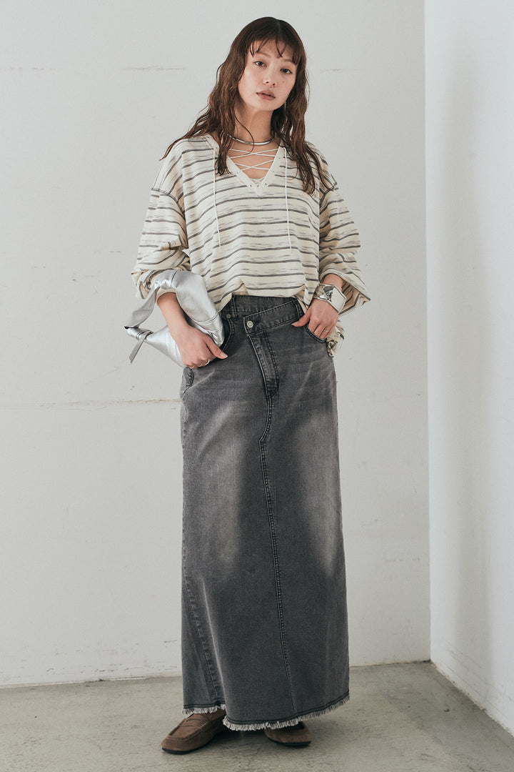 [SET]レースアップワッフルボーダートップス+ウエストクロスデニムタイトスカート(2set)