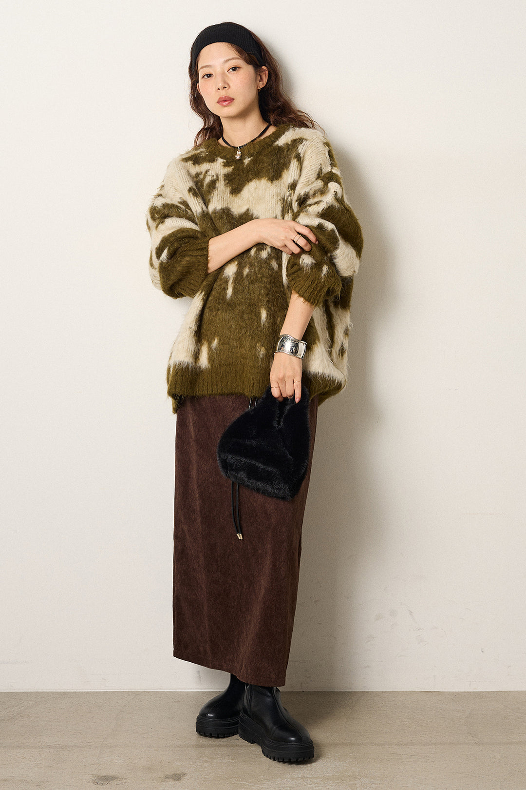 [SET]モヘアタッチマーブルニット+ロープベルト付きスウェード調スカート(2set)