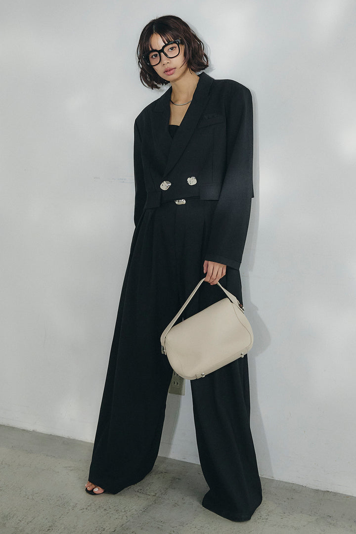 [SET]メタルプレートショート丈ジャケット+メタルプレートタックワイドパンツ(2set)