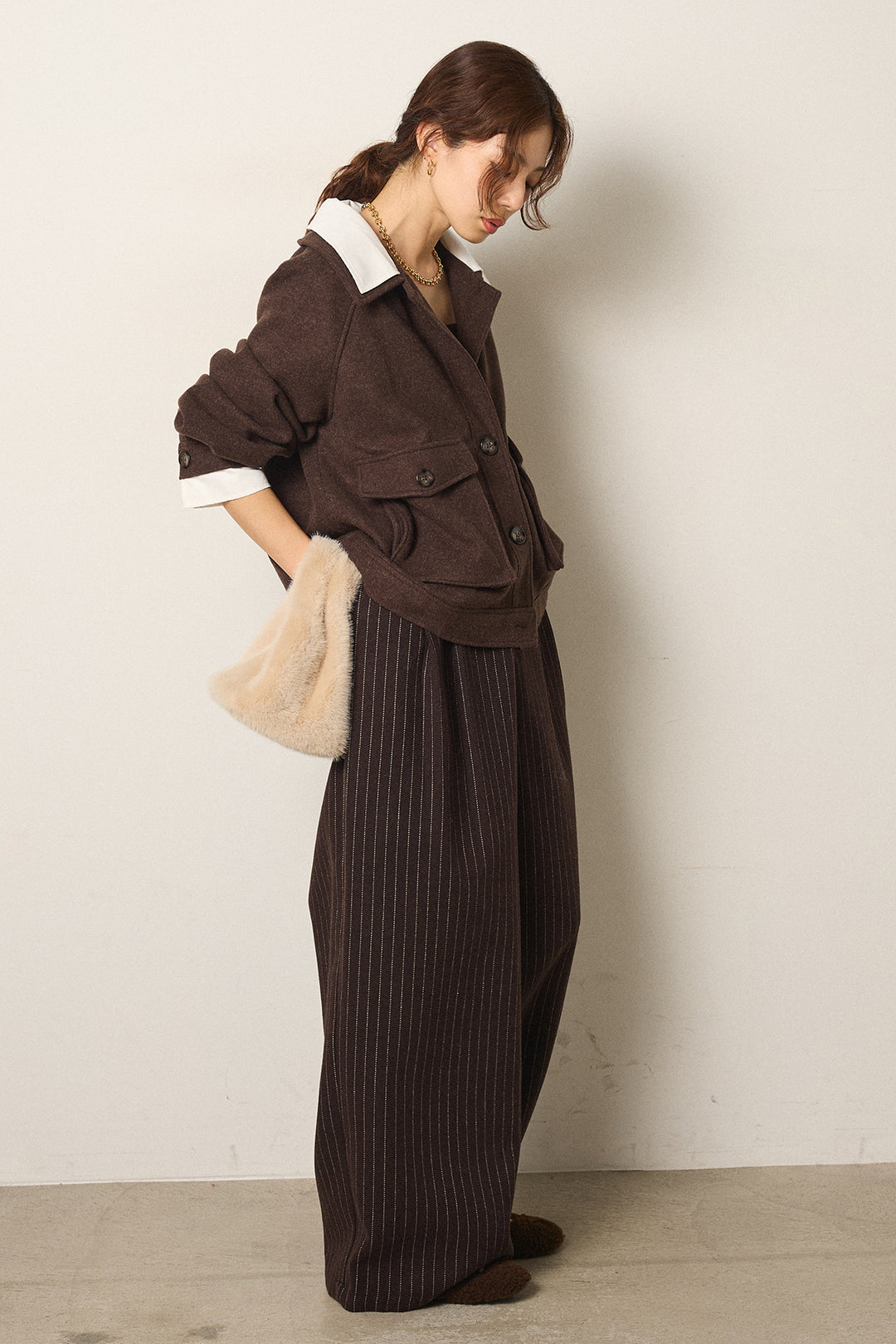 [SET]衿レイヤードフェイクウールジャケット+ウールライクストライプパンツ(2set)