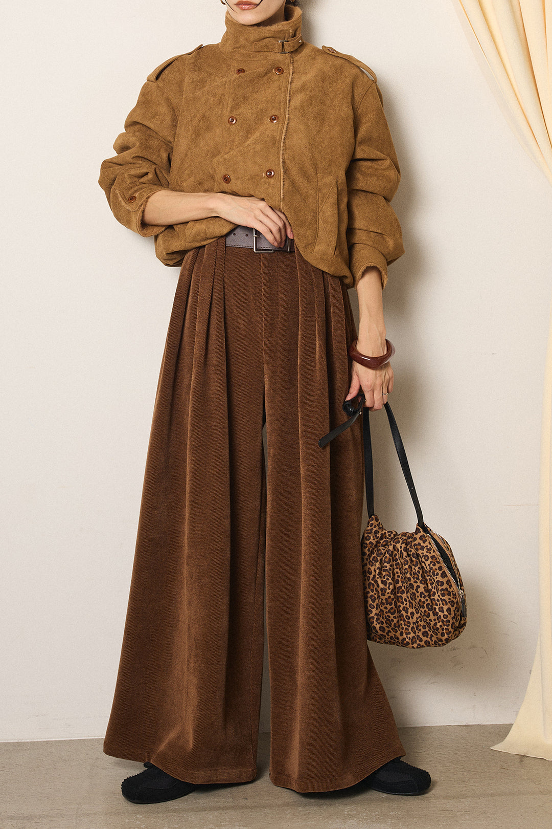[SET]スタンド襟スウェードライクアウター+ベルトループコーデュロイワイドパンツ(2set)