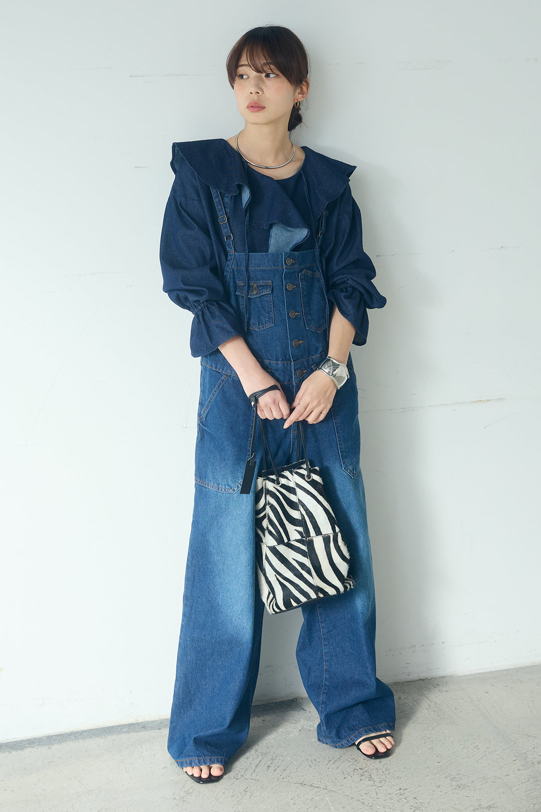 [SET]デニムフリルブラウス+デニムサロペットワイドパンツ(2set)