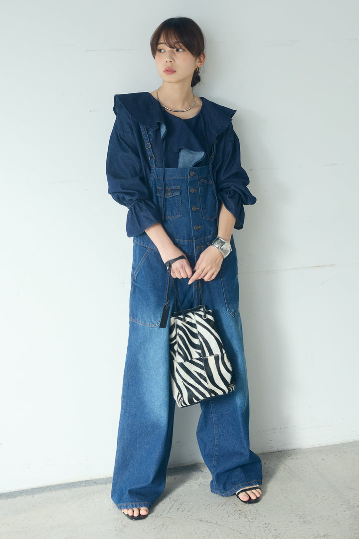 [SET]デニムフリルブラウス+デニムサロペットワイドパンツ(2set)