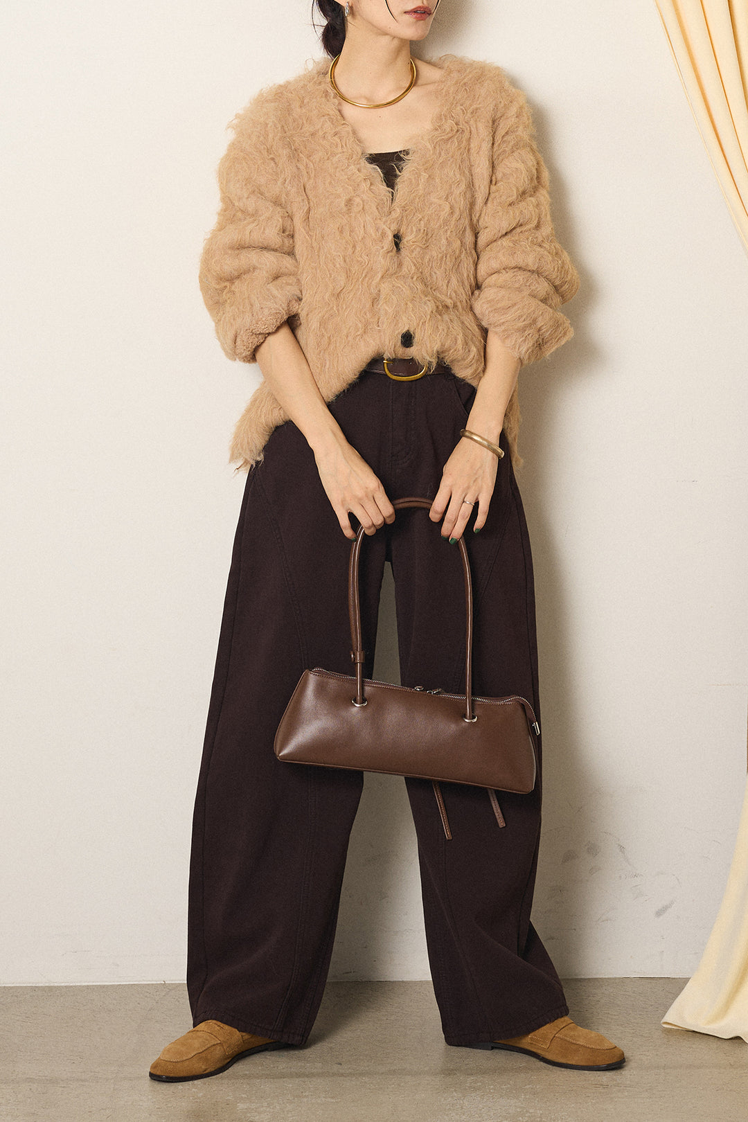 [SET]起毛シャギーニットカーディガン+ベルト付きカジュアルカーブワイドパンツ(2set)