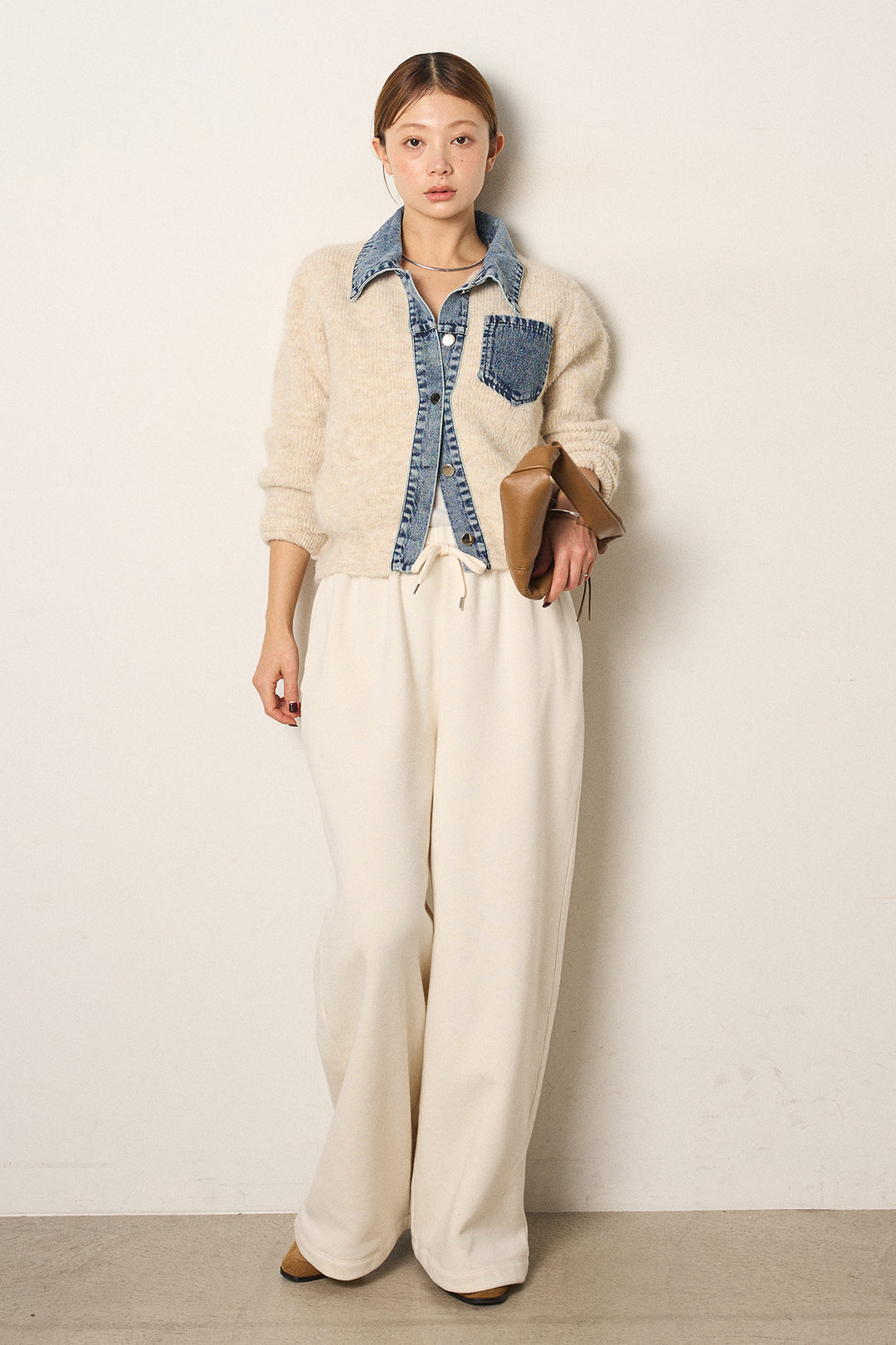 [SET]襟付きデニム切替ニットカーディガン+裏起毛スウェットワイドパンツ(2set)
