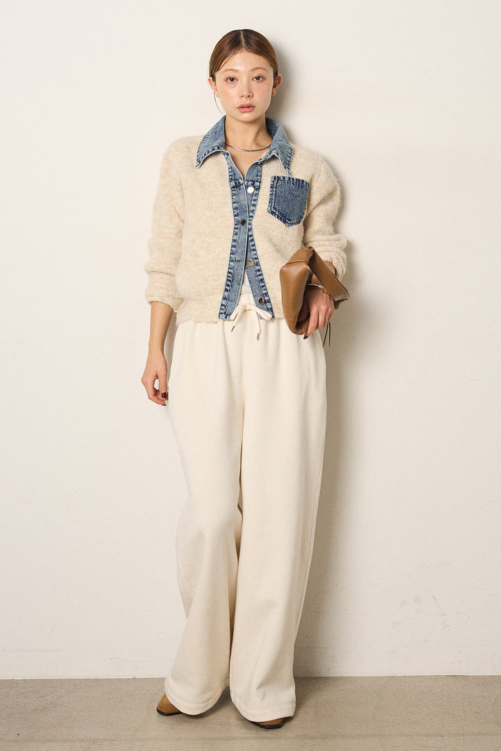 [SET]襟付きデニム切替ニットカーディガン+裏起毛スウェットワイドパンツ(2set)