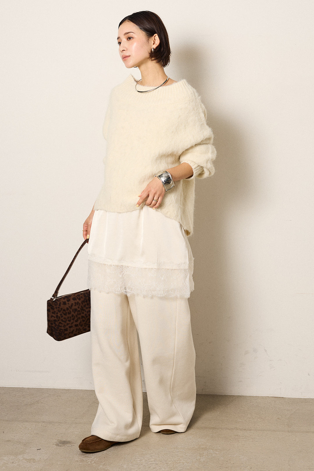 [SET]アルパカタッチオフショルニット+裏起毛スウェットワイドパンツ(2set)