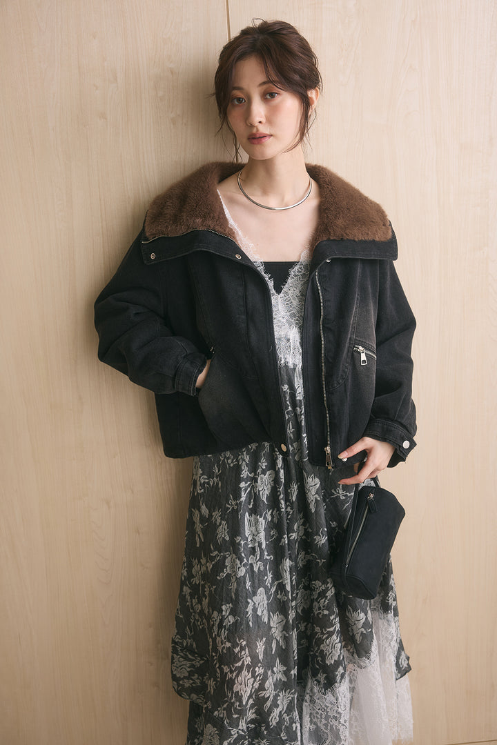 [SET]ボリュームファーカラーデニムブルゾン+レースドッキングフォークロアワンピ(2set)