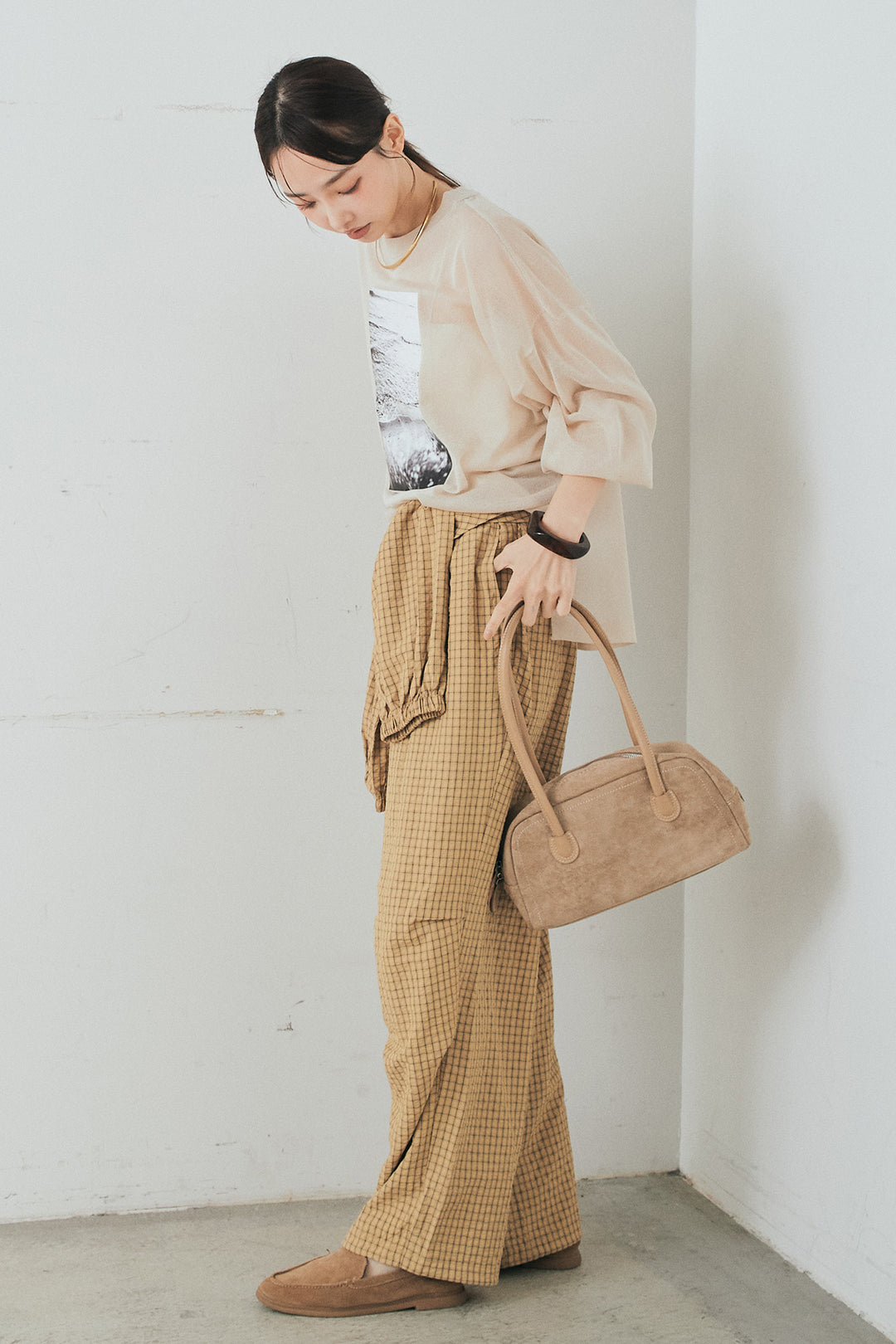 [SET]フォトシアーニットトップス+チェックウエスト巻きジョガーパンツ(2set)