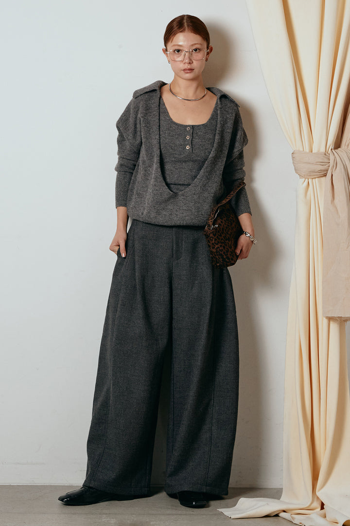 [SET]襟付きレイヤードニットトップス+ポーチベルト付きカーブパンツ(2set)