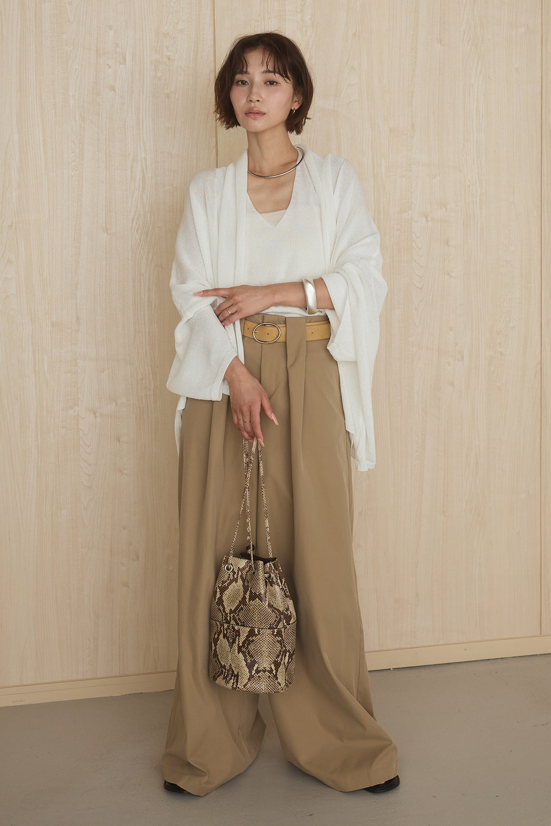 [SET]オーバードルマンカーディガン+ホルターネックインナー+ベルトループデザインハイウエストタックパンツ(3set)