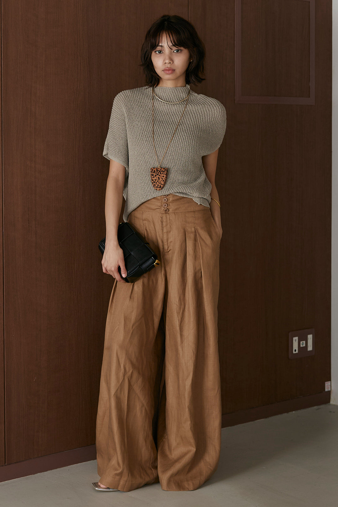 [SET]フレンチリブニットプルオーバー+麻混ハイウエストボタンワイドパンツ(2set)