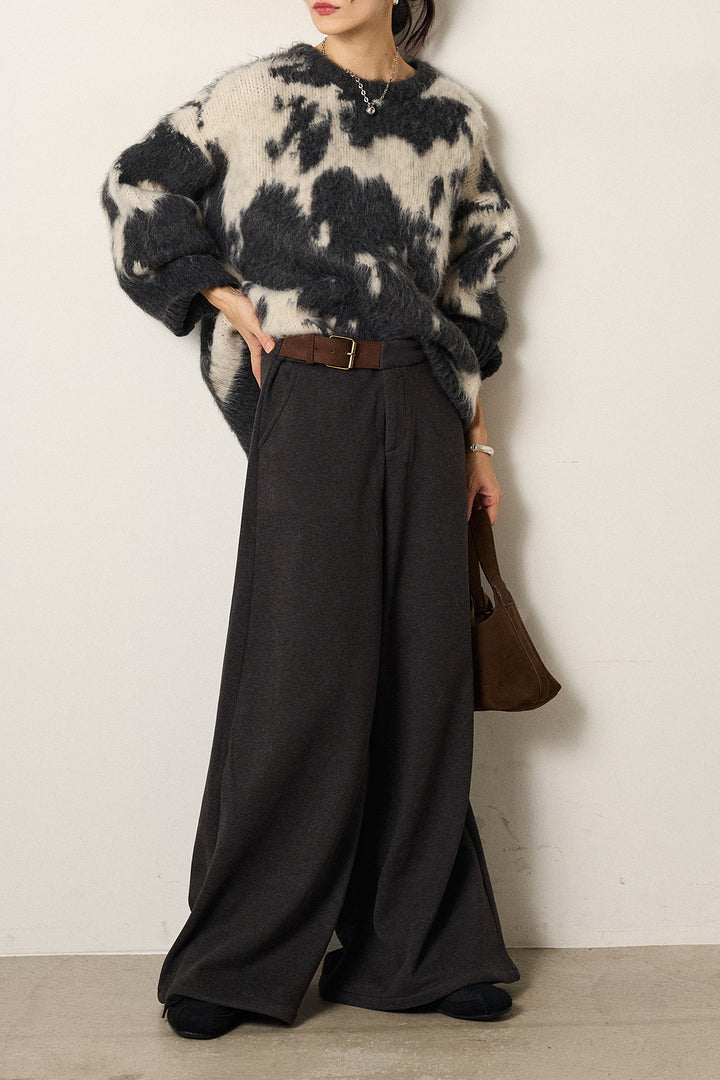[SET]モヘアタッチマーブルニット+サイドベルトパンツ(2set)