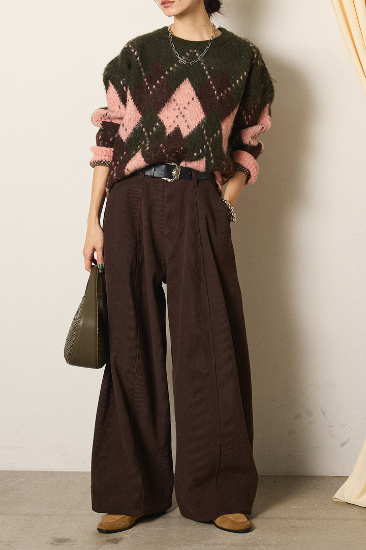 [SET]配色アーガイル柄ニットトップス+ベルト付きコーデュロイワイドパンツ(2set)