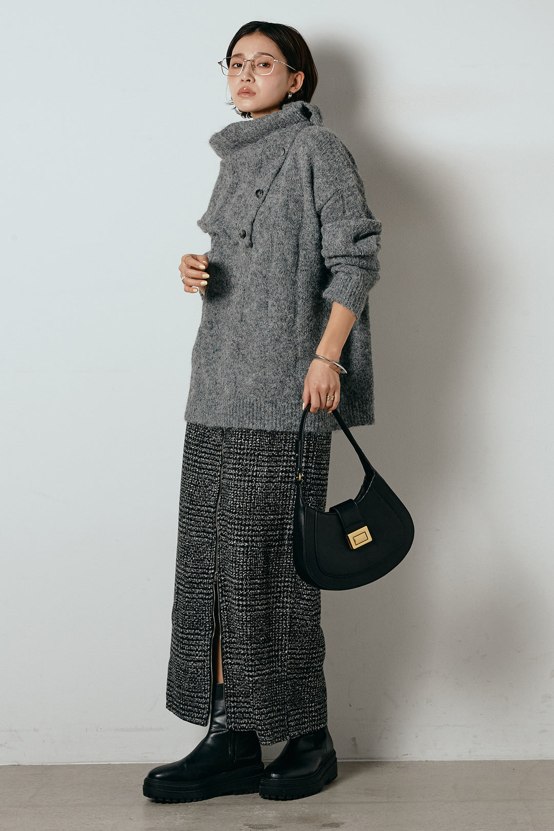 [SET]ケープデザインケーブルニットトップス+グレンチェック柄フロントジップタイトスカート(2set)