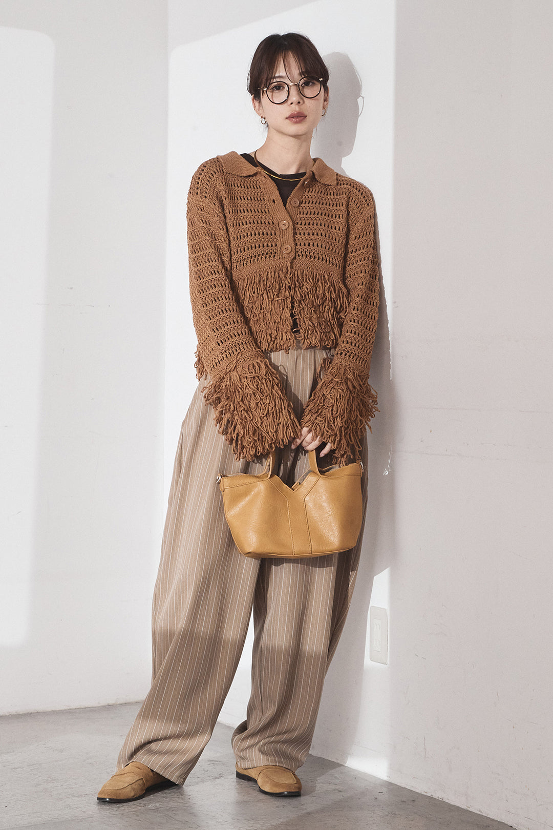 [SET]メッシュフリンジカーディガン+ヘリンボーンストライプツータックパンツ(2set)