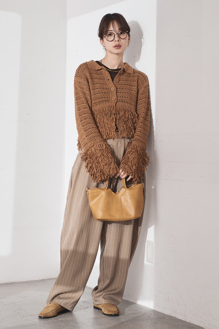 [SET]メッシュフリンジカーディガン+ヘリンボーンストライプツータックパンツ(2set)