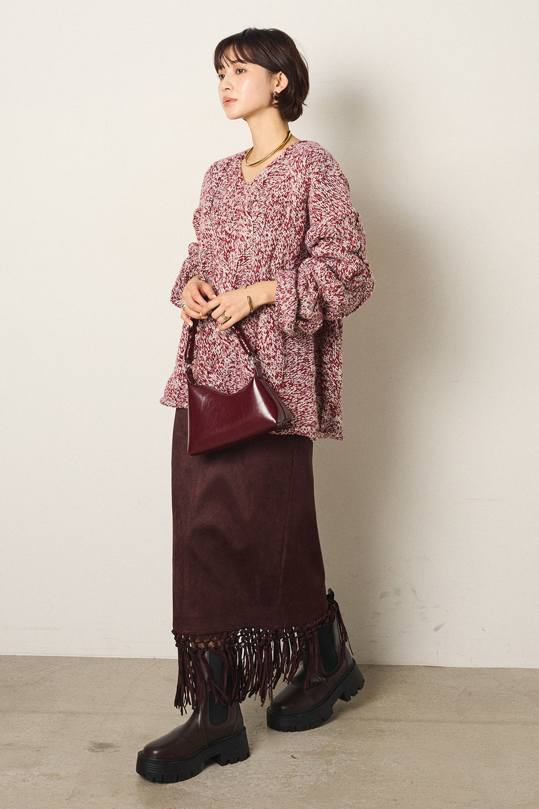 [SET]Vネックミックス編みニットトップス+スウェードライク裾フリンジスカート(2set)