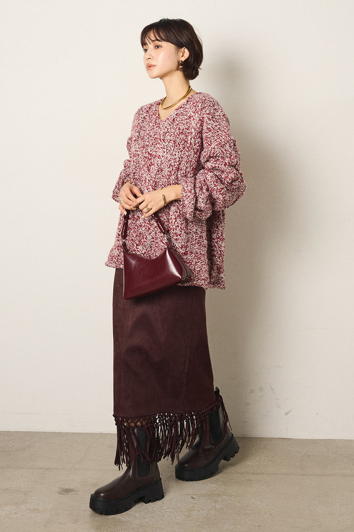 [SET]Vネックミックス編みニットトップス+スウェードライク裾フリンジスカート(2set)