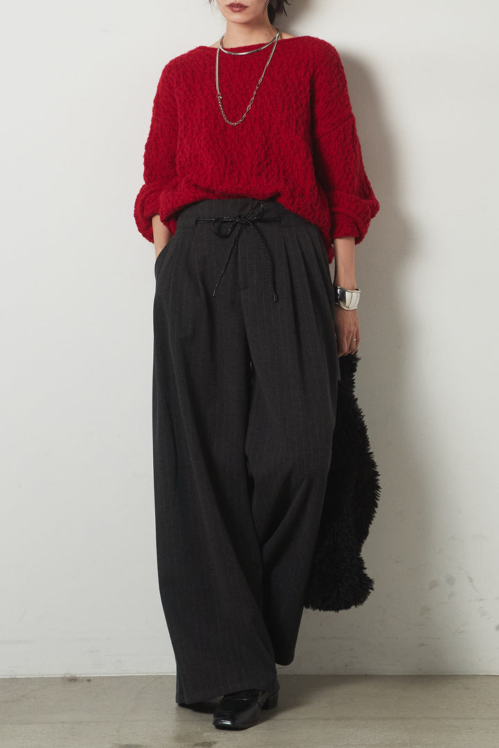 [SET]ボリューム編みニットプルオーバー+編みベルト付きピンストライプワイドパンツ(2set)