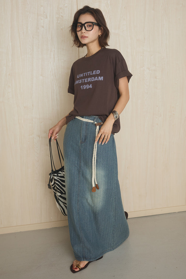 [SET]英字フロントロゴプリントTシャツ+ベルト付きデニムタイトスカート(2set)
