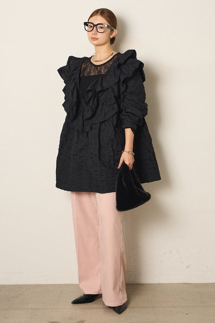 [SET]Vネックフリルカラーブラウス+ツイルスプリングカラータックパンツ+ストレッチレースクルーネックインナー(3set)