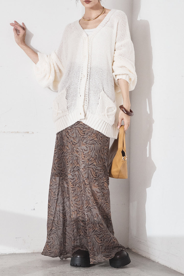 [SET]コード刺繍リラックスニットカーディガン+抽象柄ロングスカート(2set)
