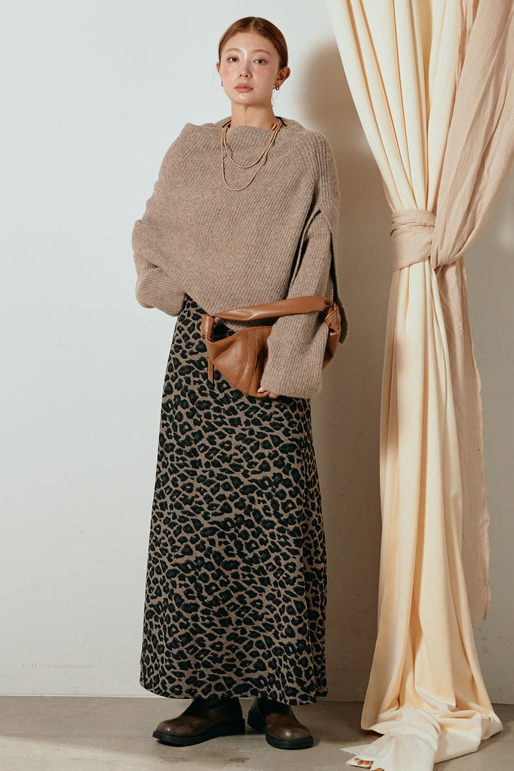 [SET]ケープデザインリブニットトップス+レオパードロングスカート(2set)