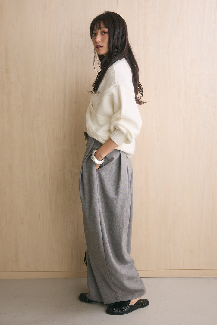 [SET]ケーブルカシュクールニットトップス+ビッグベルトループカーブスラックス(2set)