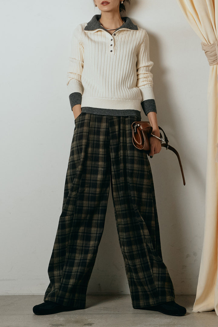 [SET]レイヤード風リブニットトップス+ベルト付きタータンチェックカーブワイドパンツ(2set)