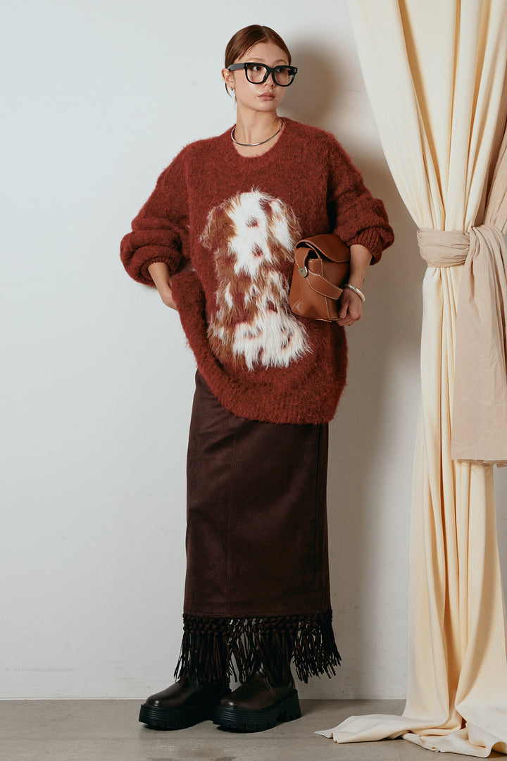 [SET]シャギーニュアンスアニマルニット+スウェードライク裾フリンジスカート(2set)