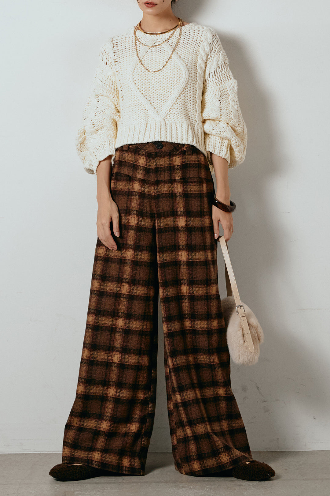 [SET]ロービングケーブルショート丈プルオーバー+ルーズタータンチェックワイドパンツ(2set)