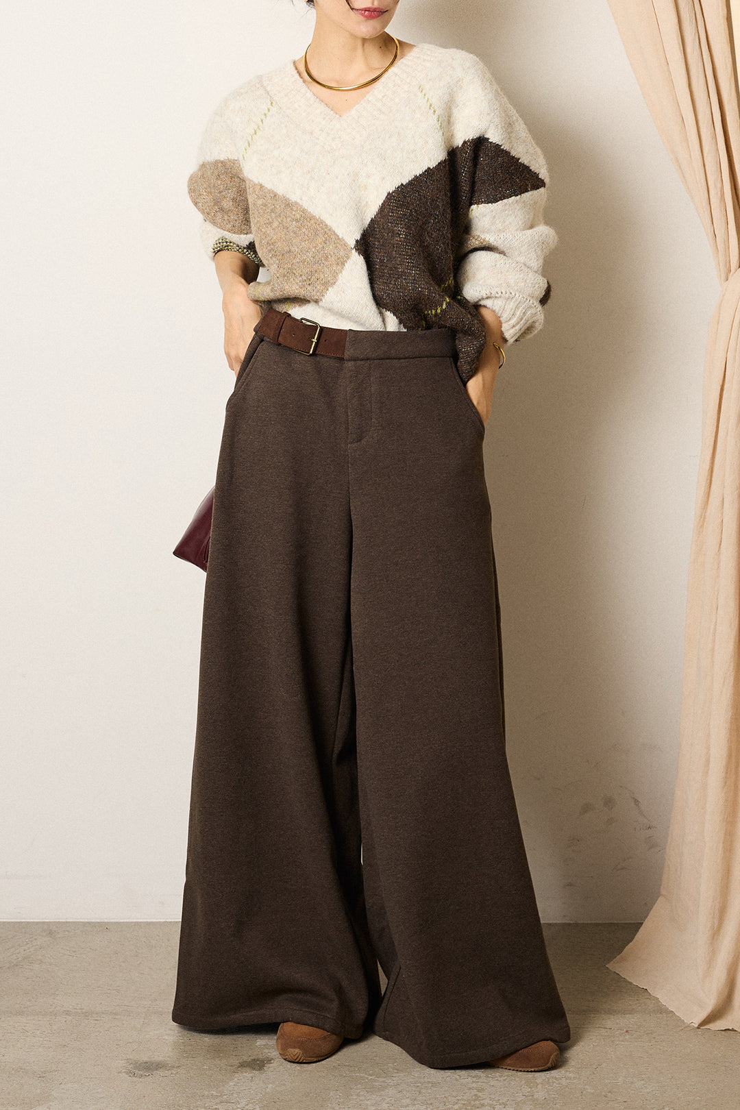 [SET]ルーズアーガイルVネックニット+サイドベルトパンツ(2set)