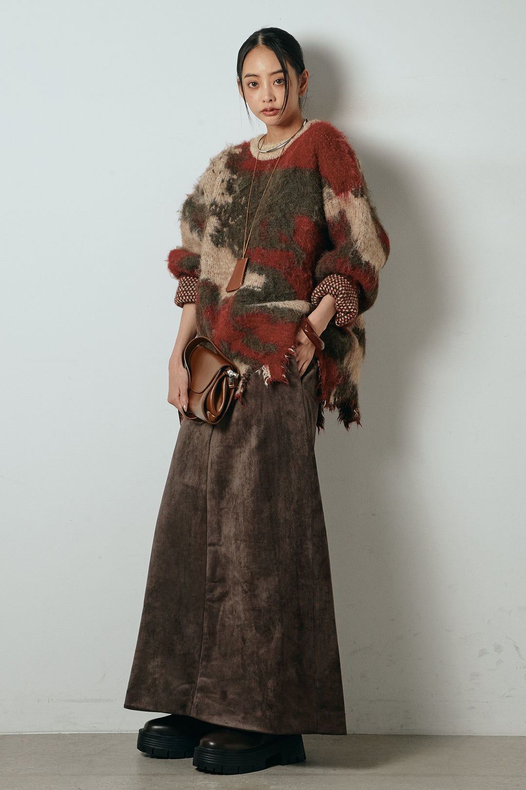 [SET]起毛裾デザインニュアンス柄ニットトップス+エコスウェードワイドスカート(2set)