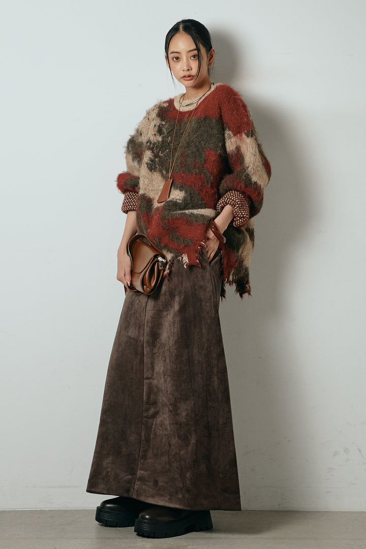 [SET]起毛裾デザインニュアンス柄ニットトップス+エコスウェードワイドスカート(2set)