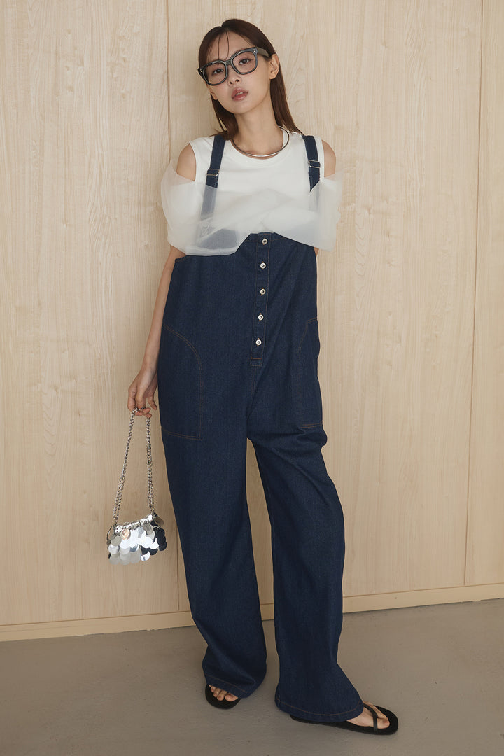 [SET]シアーレイヤーデザインカットソー+フロントボタンデニムサロペット(2set)