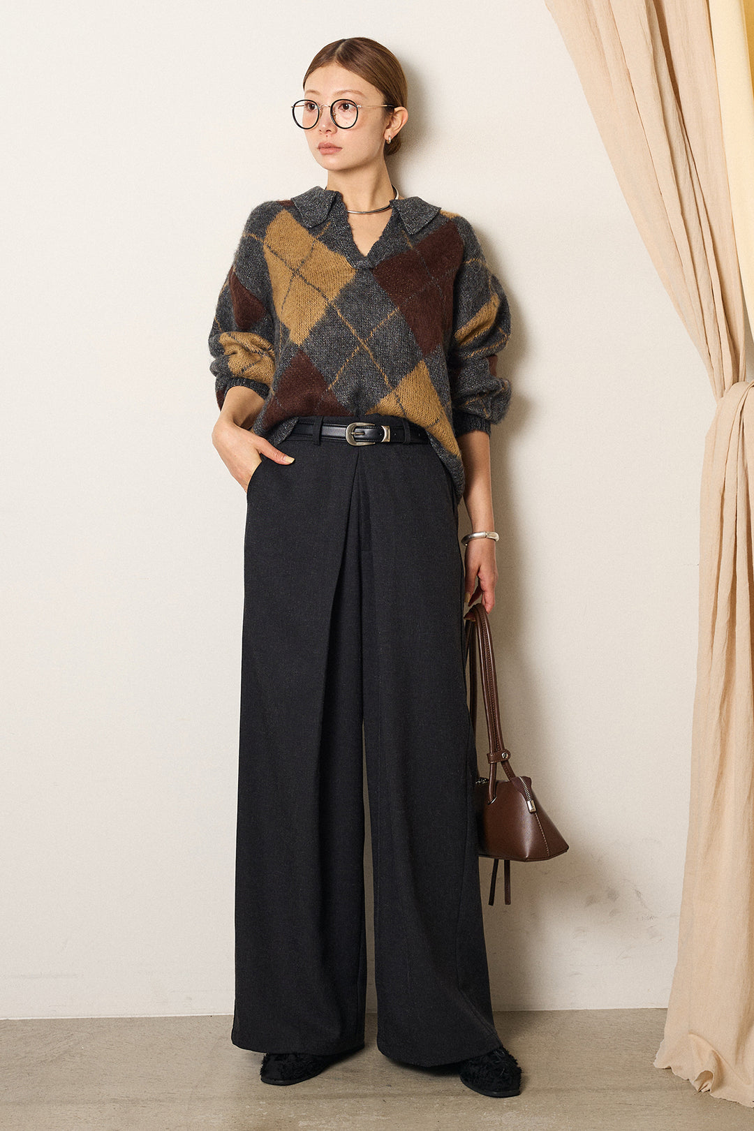 [SET]アクリルモヘアアーガイルキーネックプルオーバー+フロントワイドタックネップ入ワイドパンツ(2set)