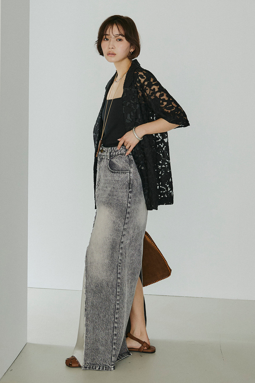 [SET]シアージャガードハーフスリーブテーラードジャケット+サテン切り替えデニムスカート(2set)