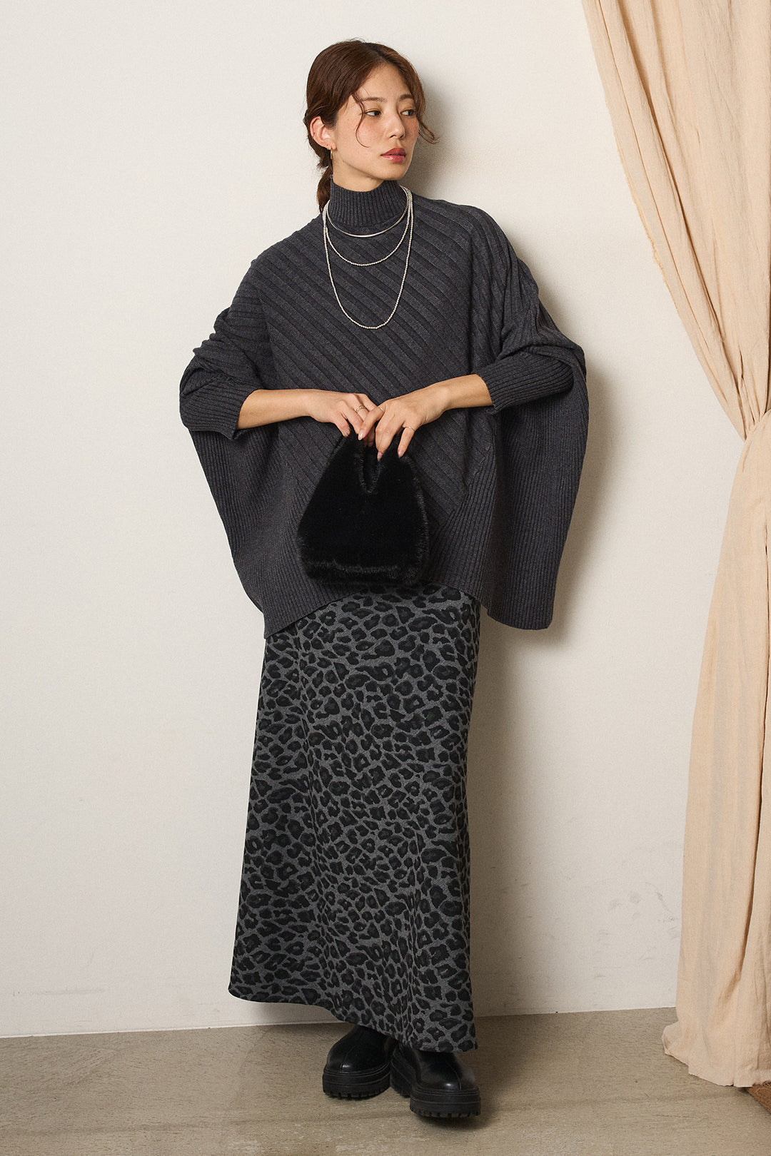 [SET]アシメデザインリブポンチョニットトップス+レオパードロングスカート(2set)