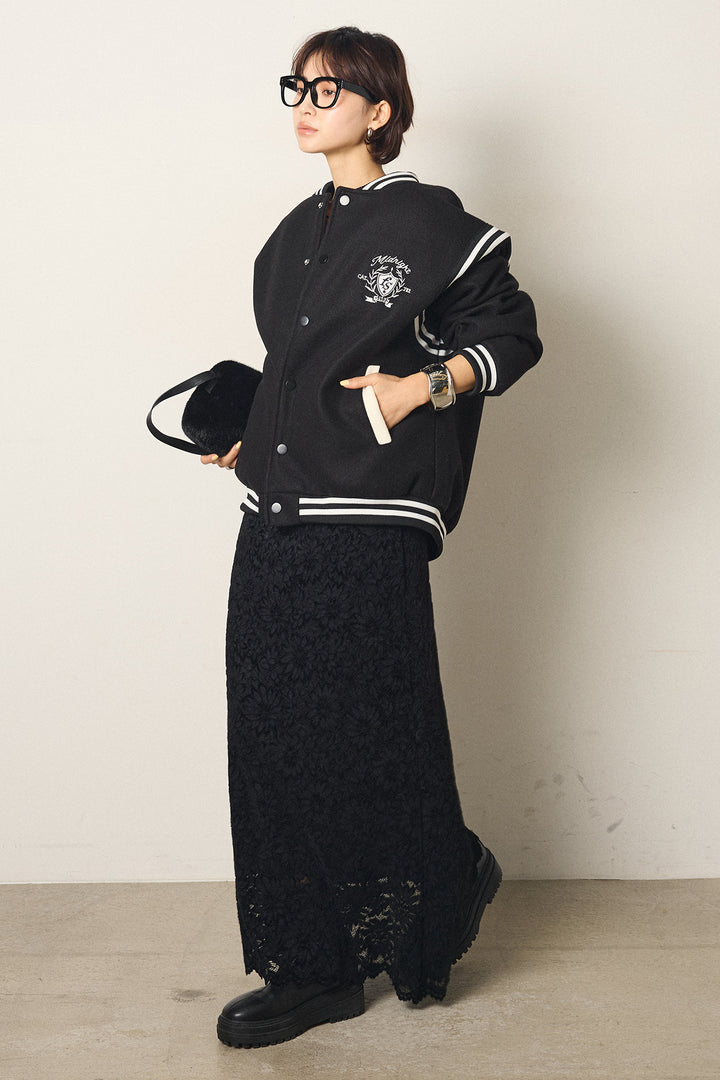 [SET]ワンポイントデザインブルゾン+花柄刺繍ベロアフレアスカート(2set)