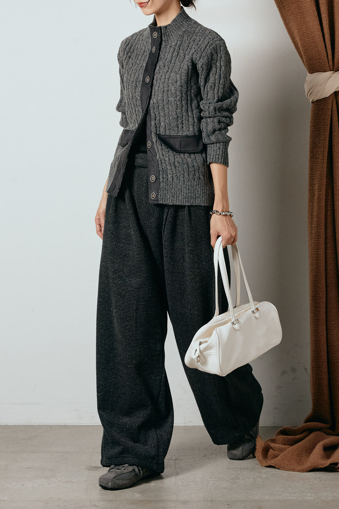 [SET]ボトルネックケーブルニットカーディガン+起毛タック入りツイードワイドパンツ(2set)