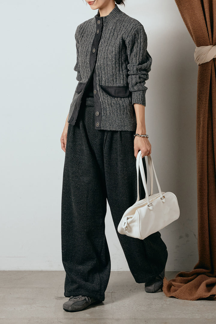 [SET]ボトルネックケーブルニットカーディガン+起毛タック入りツイードワイドパンツ(2set)