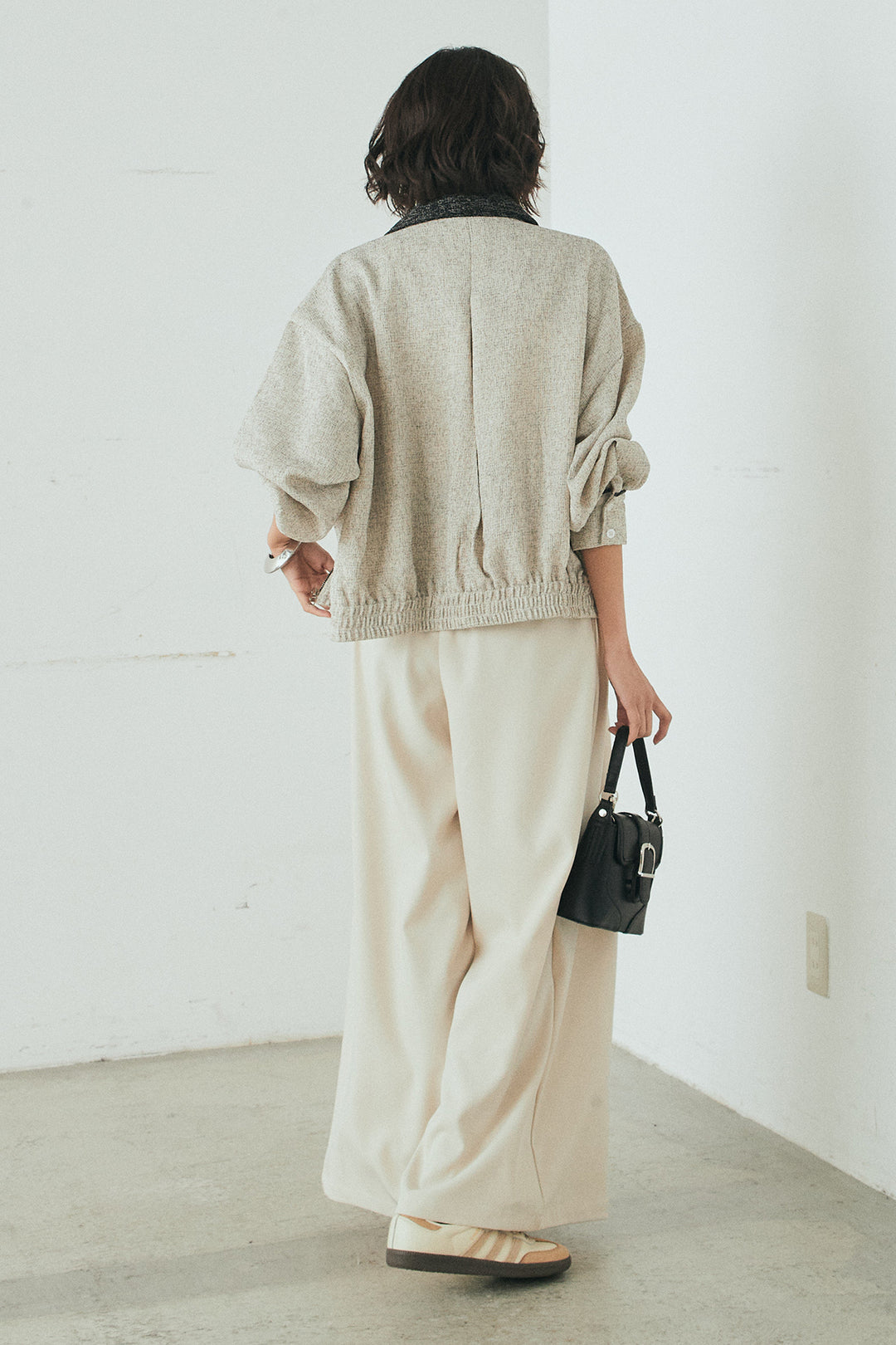 [SET]ツイード配色パイピングブルゾン+ベルト付きタックデザインハイウエストロングパンツ(2set)