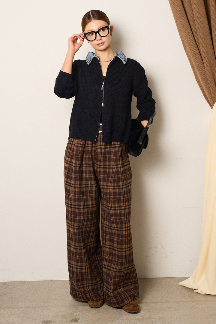 [SET]デニム襟ダブルジップニットトップス+スタッズデザインベルトタータンチェックパンツ(2set)
