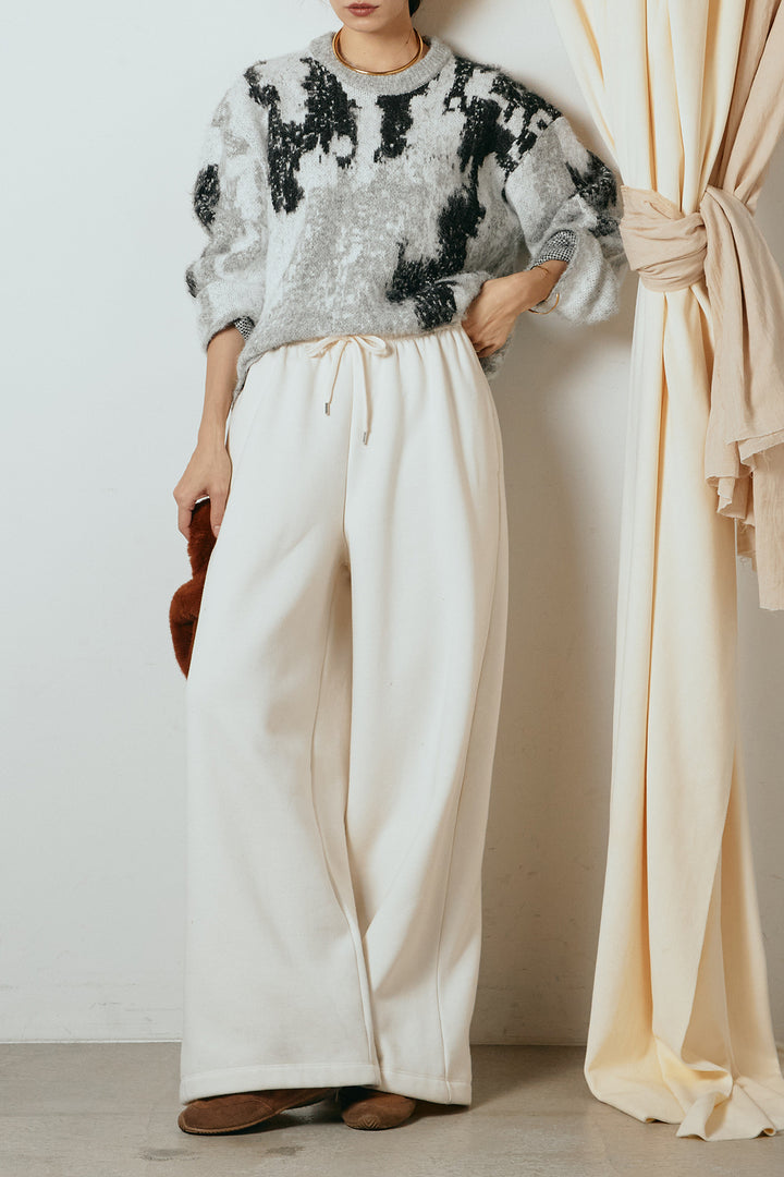 [SET]起毛ニュアンス柄ニットプルオーバー+裏起毛スウェットワイドパンツ(2set)