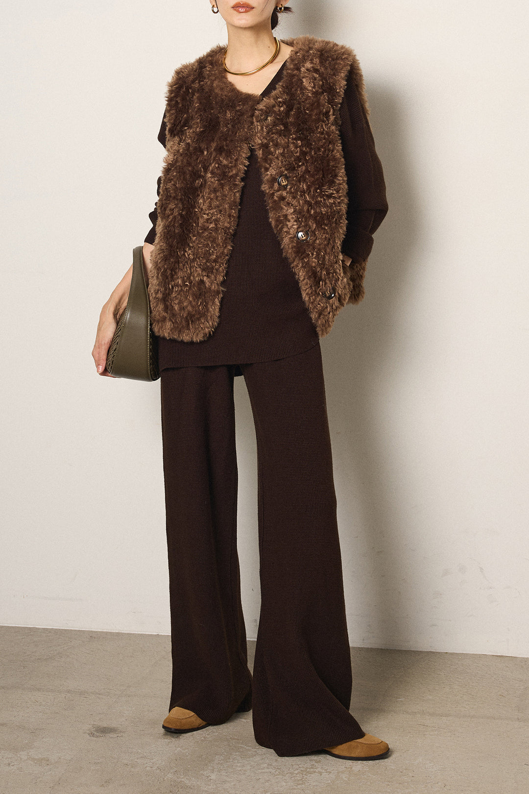 [SET]リラックスワッフルニットSETUP+ノーカラーエコファーベスト(2set)