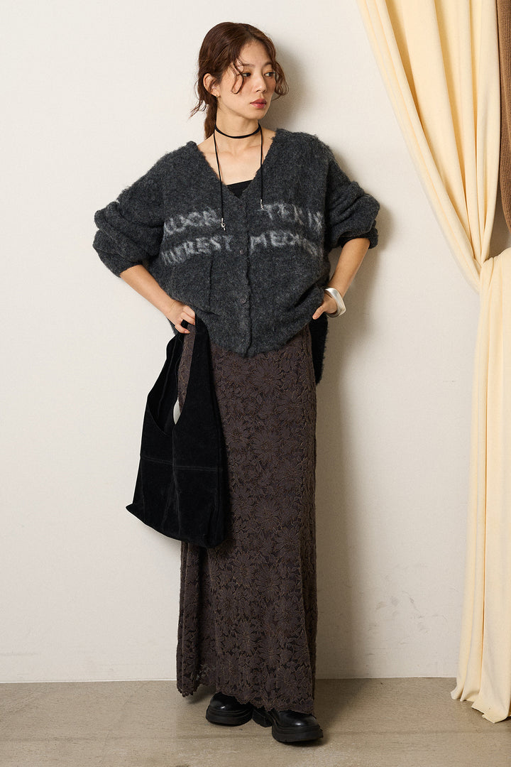 [SET]ウール混透かしロゴニットカーディガン+花柄刺繍ベロアフレアスカート(2set)