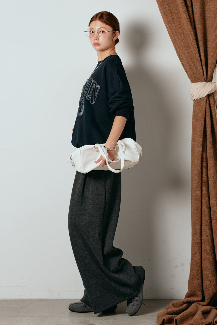 [SET]フロントロゴスウェットプルオーバー+カップ付きレースドッキングキャミソール+フェイクレザー太ベルト付きタックワイドパンツ(3set)