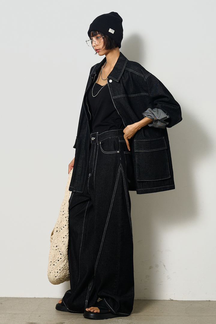 【即納】ステッチデザインデニムジップジャケット